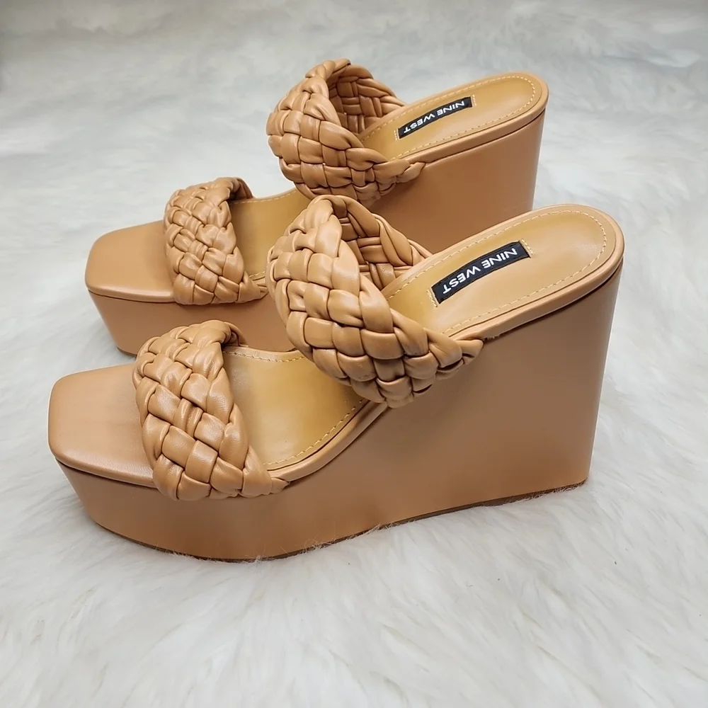 Nine West Nessie 3 Platform Wedge Heels Light Cognac